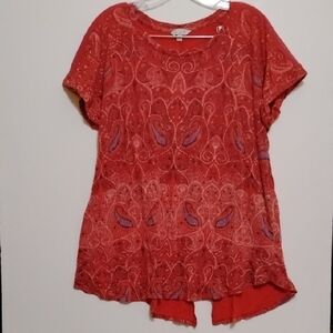 LUCKY BRAND Los Angeles Red Purple Paisley Short Sleeve Top Back Bottom Slit 1X
